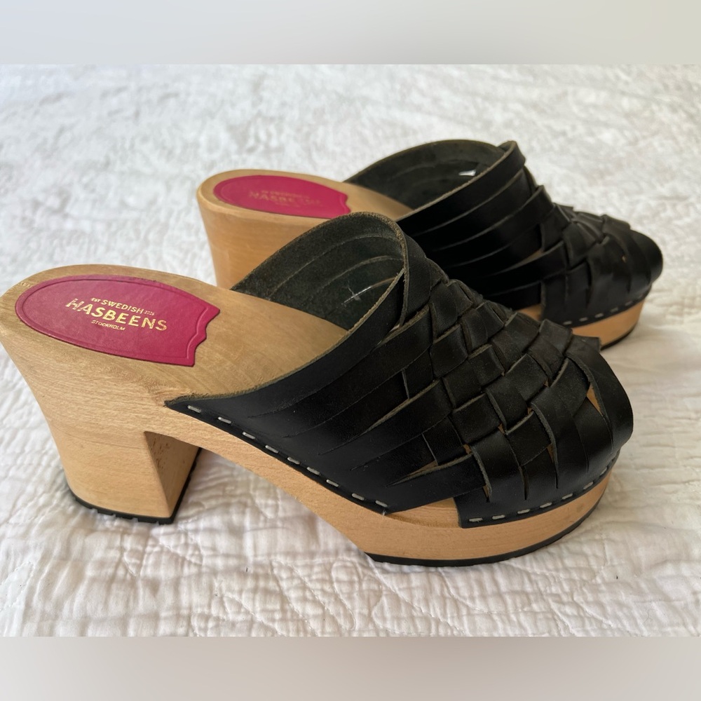 Swedish Hasbeens Black Woven Leather Clogs